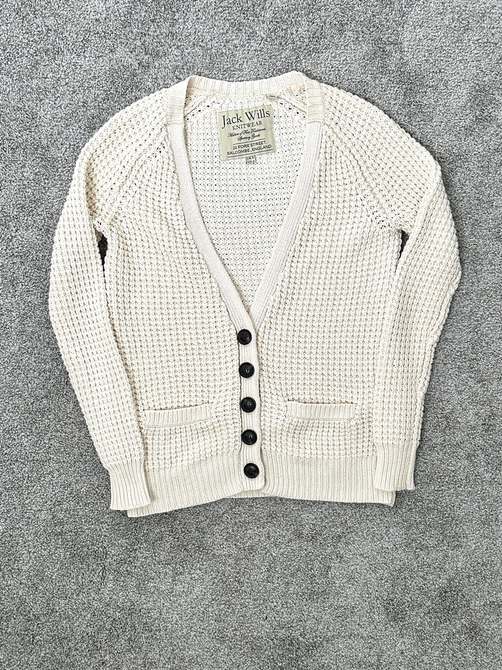 Jack Wills Chunky Knit Cardigan Cream Cotton Waffle Sz US4 UK8 Patch Pockets